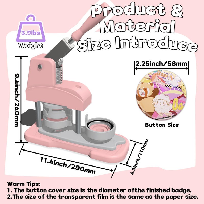 ppttoodd Pink Button Maker Machine 58mm (2.25 inch), DIY Button Pin Maker Machine Comes with Free Button Parts, Circle Cutter, Cutting Board, Pattern Paper, Holographic Bags, Colored Film, and Protective Case - Image 4